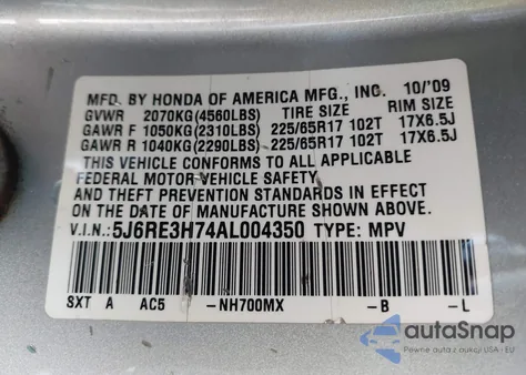 2010 Honda Cr-V Ex-L z USA, uszkodzony, nr VIN 5J6RE3H74AL004350